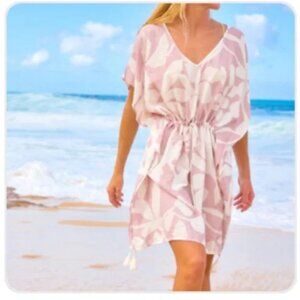 Poolside Paradiso Islander Coverup Dress Tassel Floral Mauve Pink Sz M/L